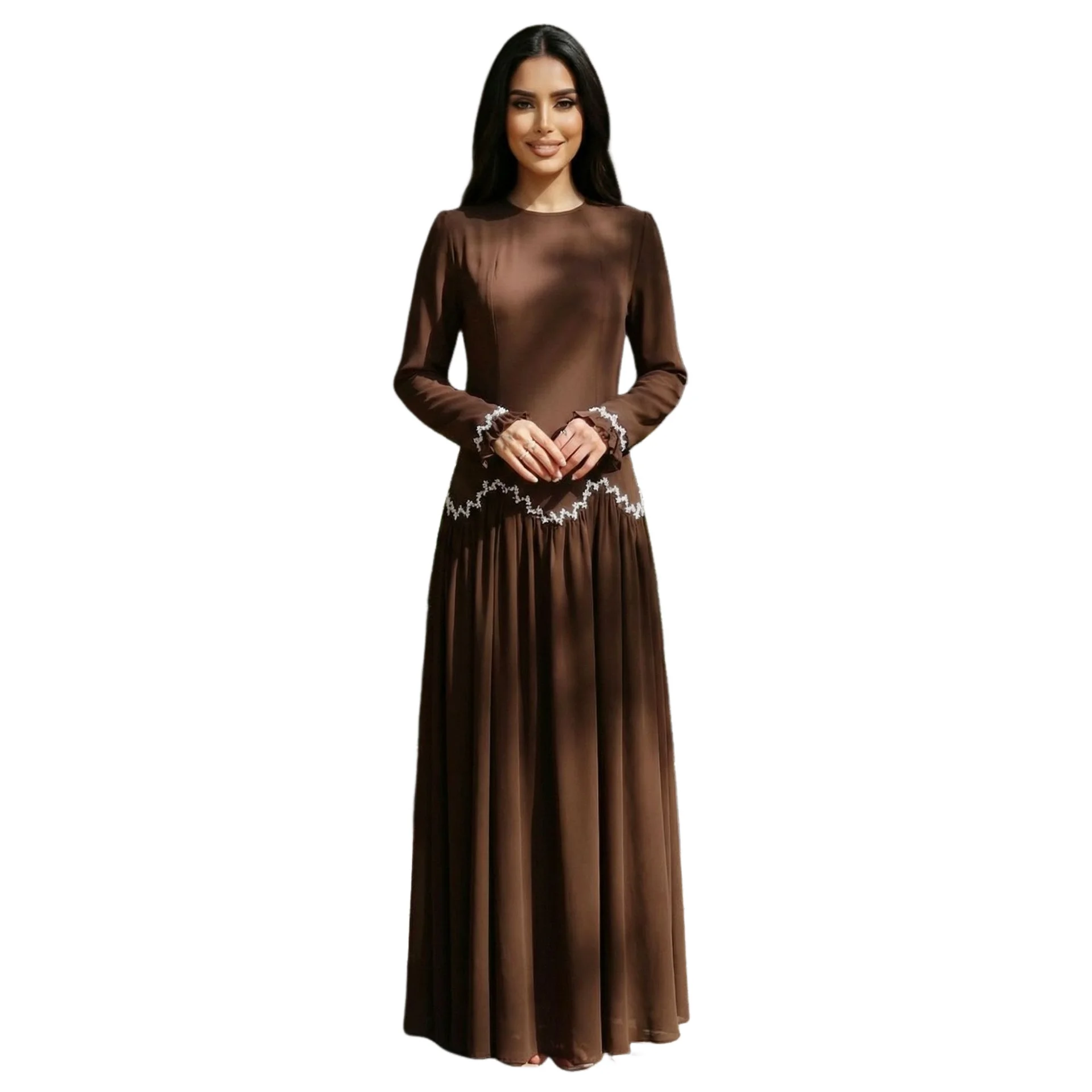 

Dubai Women Modest Abaya Dress Rhinestone Long Ruffle Sleeve Pleated Maxi Robe Ramadan Eid Arab Islamic Formal Party Turkey New