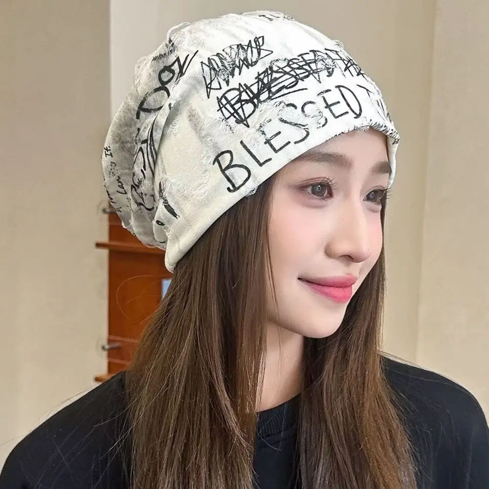 Distressed Thin Bonnet Letter Print Beanie Warm Loose Vintage Beanie Casual Wasteland Style Pullover Hat Unisex