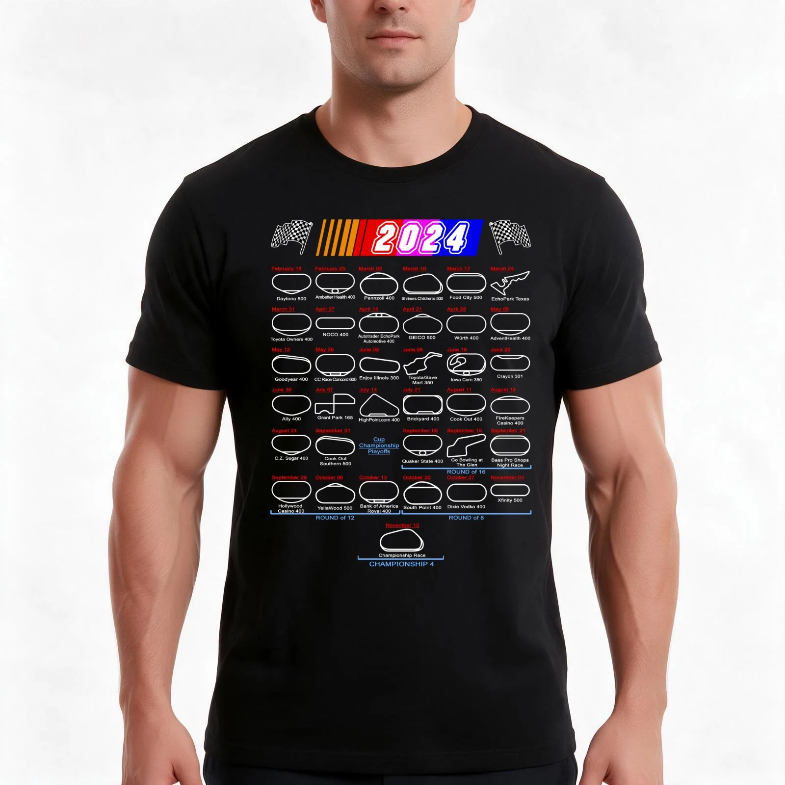 Schedule Nascar Cup Series 2024 T-Shirt, Summer Casual Cotton Tee, Oversized Streetwear Tops, Vintage Graphic Print, 100% Cotton