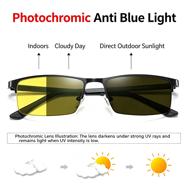 Yellow Night Vision Photochromic Blue Light Blocking Glasses for Men Women, Square Half Rim Fashion Clear Lens Eyewear