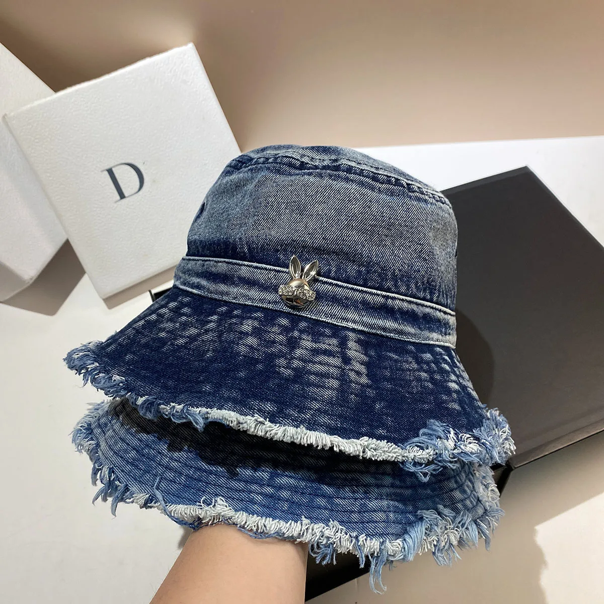 Rhistone rabbit casual hat spring and summer new washed denim fisherman hat fashion age reduction fringe large brim pot hat