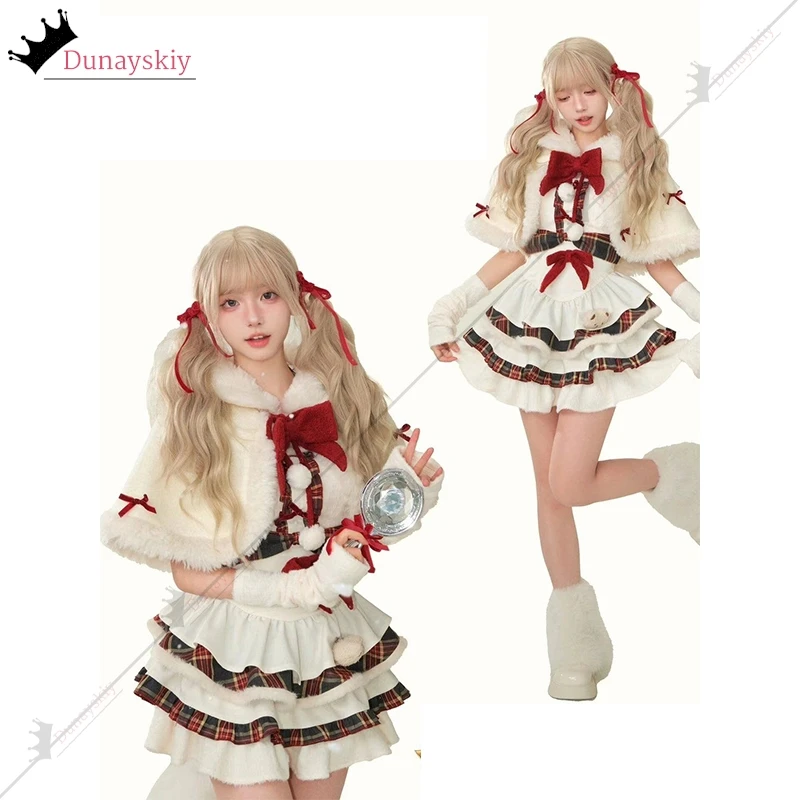 ฤดูหนาวY2K Kawaii Lolitaชุดคอสเพลย์เครื่องแต่งกายผู้หญิงโบว์ผ้าคลุมไหล่แจ็คเก็ตสั้น2025คริสต์มาสปีใหม่ชุดสูท
