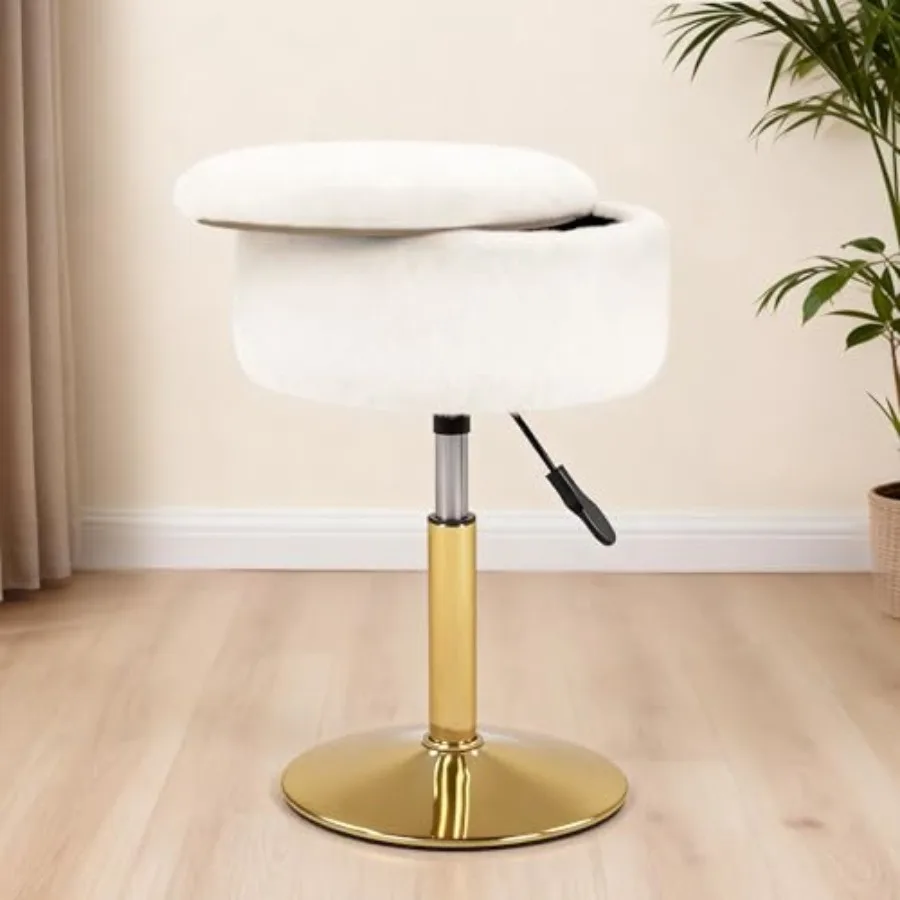 

Регулируемый табурет для туалетного столика с местом для хранения, вращение на 360° ° Вращающееся золотое кресло с маленьким круглым пуфиком-подставкой для ног для ванной комнаты или косметического кабинета, белое