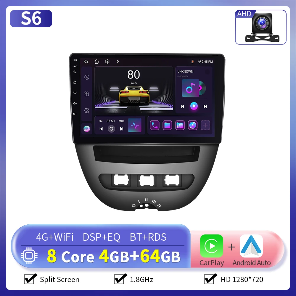 Camecho 6 + 128G CarPlay Android Auto Radio voor Toyota Aygo 2004-2014/PEUGEOT 107/Citroën C1 Multimedia Speler GPS Stereo WIFI