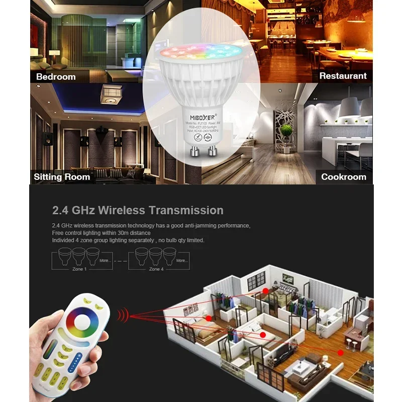 Miboxer 2.4G RF draadloze afstandsbediening 4W RGBCCT GU10 LED-spot FUT103 LED-lamp