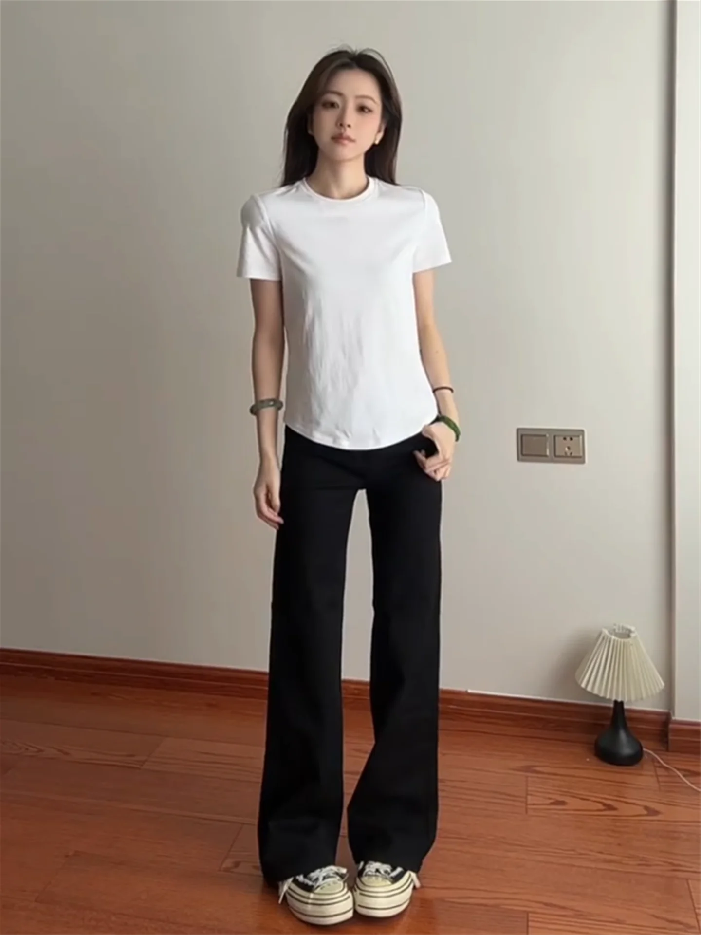 

Low-Waist Flared Jeans Women's Loose Drapey Non-Matching Leg Extended Length Wide Leg Floor-Length Pants Casual Cotton