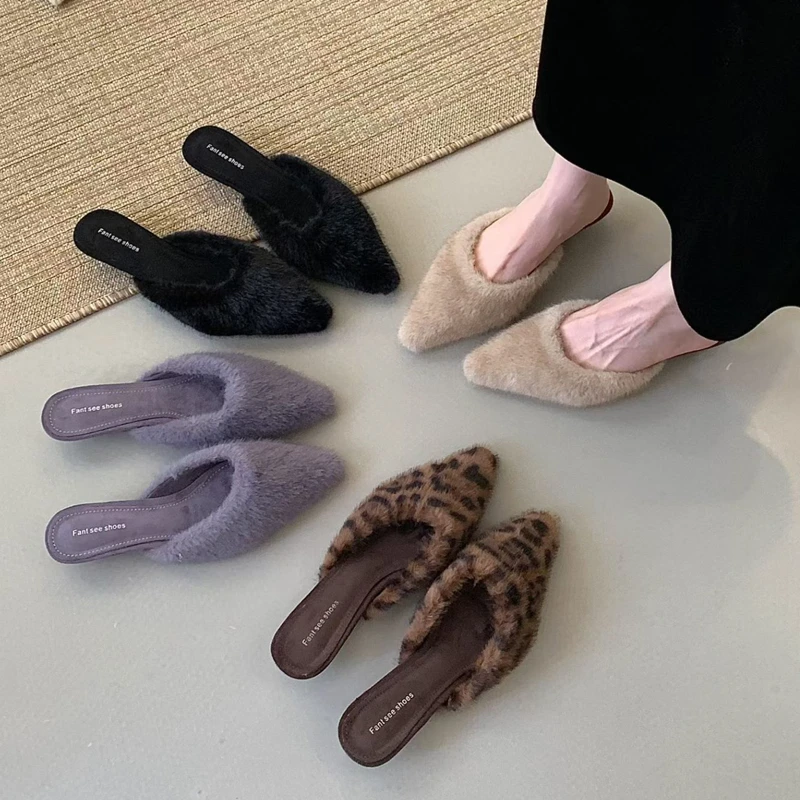 

SUOJIALUN 2025 Winter New Brand Women Slipper Fashion Plush Cloes Toe Slip On Mules Shoes Square Low Heel Dress Pumps Shoes