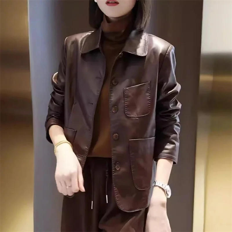 

Black Brown Leather Jacket Women's 2025 Spring Autumn New POLO Neck Fashion Single-Breasted Loose Pocket Outwear Leather Coat