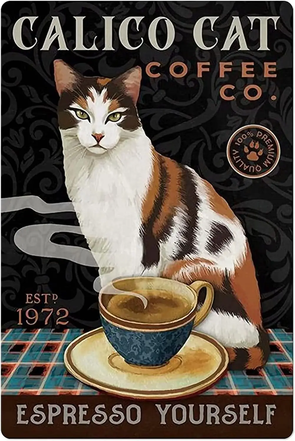 UOAIUDT Vintage Metal Sign Calico Cat Coffee Poster Tin Sign Retro Plaque Wall Decor For Home Kitchen Bar Pub Cafe Shop Off sign