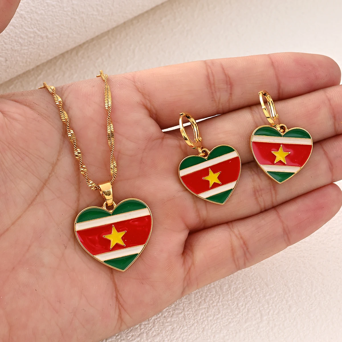 Surinam Flag Heart Pendant Necklaces and Earrings for Women Girls,I Love My Country,National Day