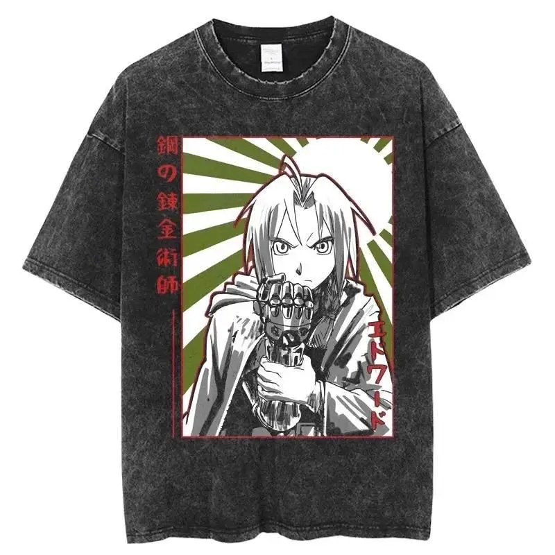 

Summer Hot New Steel Alchemist FULLMETAL Washed Old Short Sleeve T-Shirt Men American Retro High Street Large Size Couple Wear