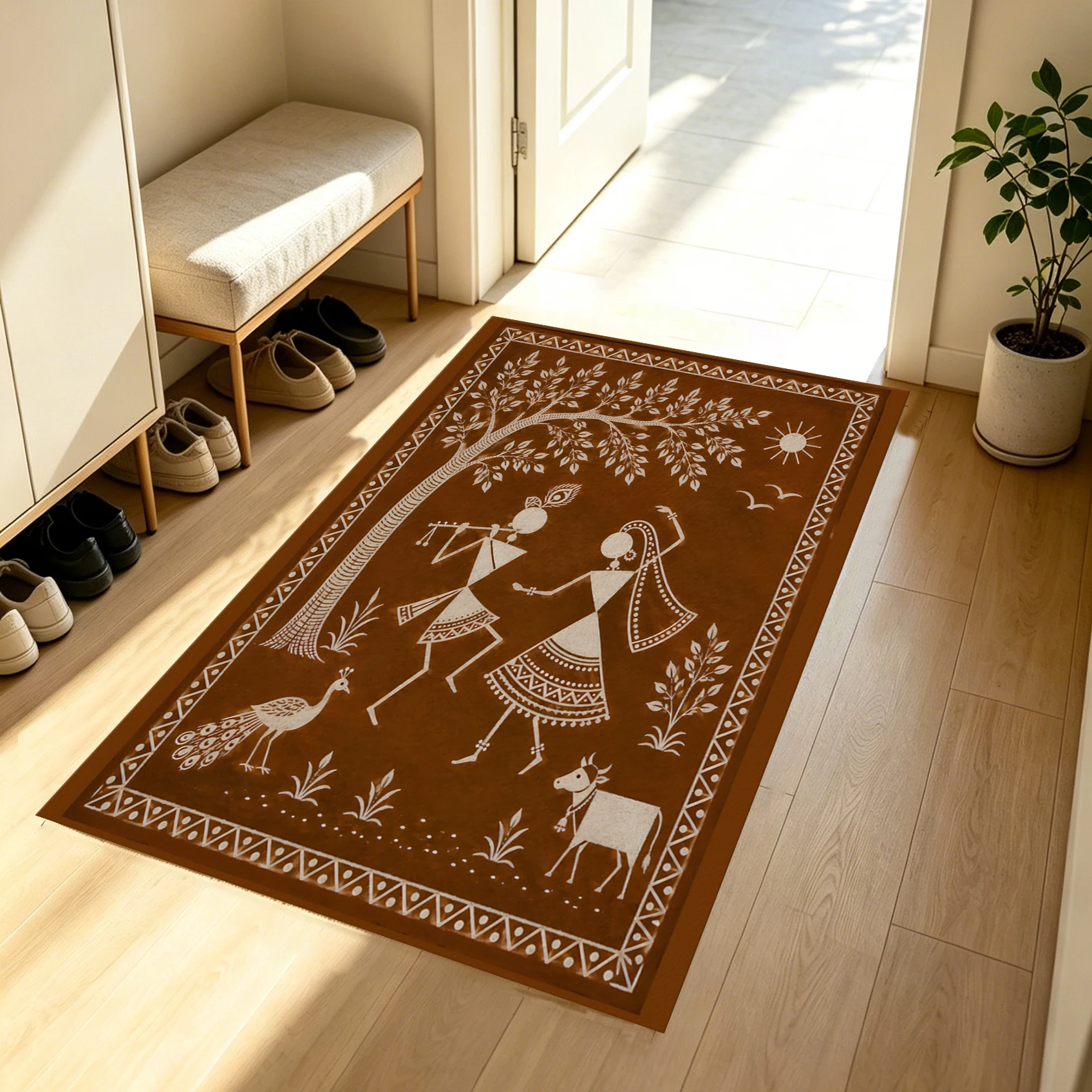Retro Folk Figure Story Print Area Rug, Artistic Exotic Floor Covering for Indoor Space