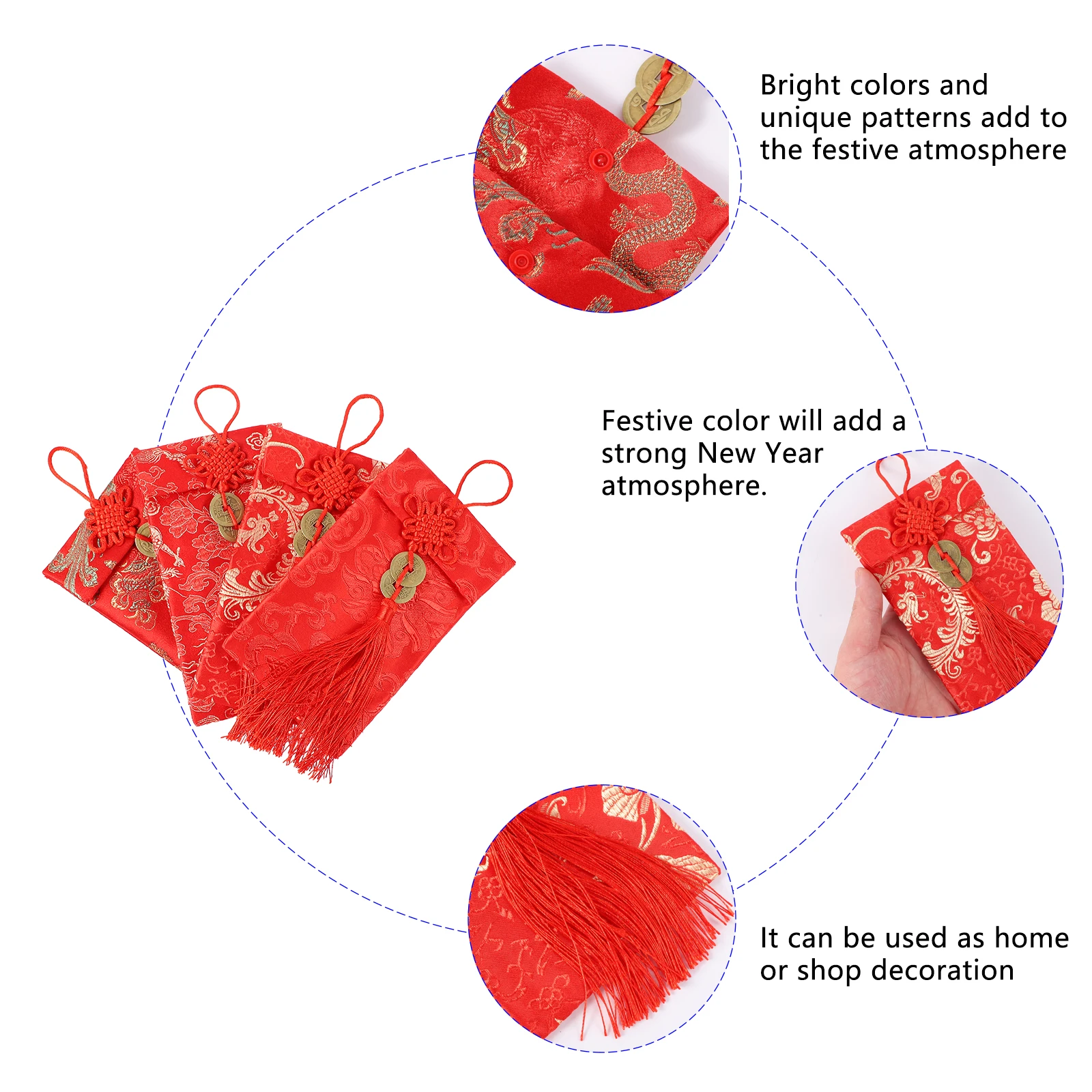 

4pcs Spring Envelopes Chinese Style Gift Bags Wedding Money Pouches Red Packets For New Year Birthday Party Red 6.3X3.5Inch