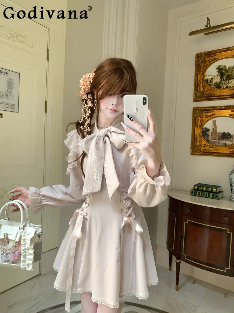 

Japanese Original Lolita Autumn New Gentle Lady Style Dress Sweet Girl Bow Long Sleeve Dress