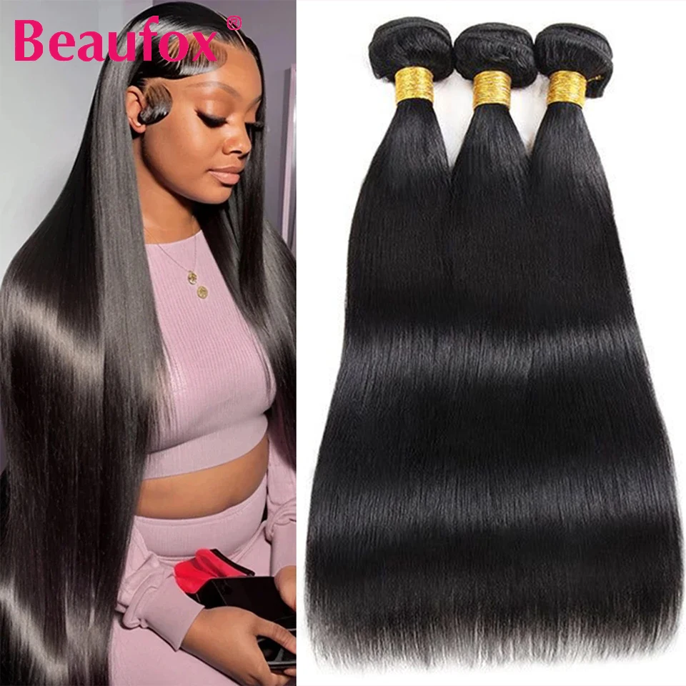 Beaufox Straight Human Hair Bundles 30 inches Brazilian Hair Weave Bundles Remy 1/3/4 PC Human Hair Extensions Natural Color