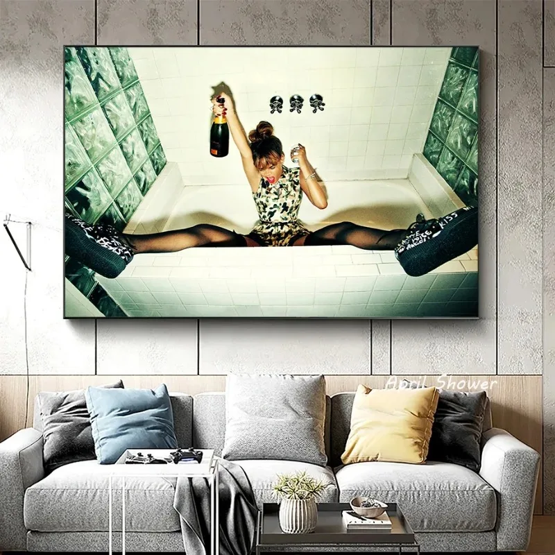 ملصقات مثيرة بالأبيض والأسود لديكور الغرف ، مغني مشهور ، فنان R-Rihannas ، لوحة قماشية ، مطبوعات ، فن جداري ، هدية للجماهير #5