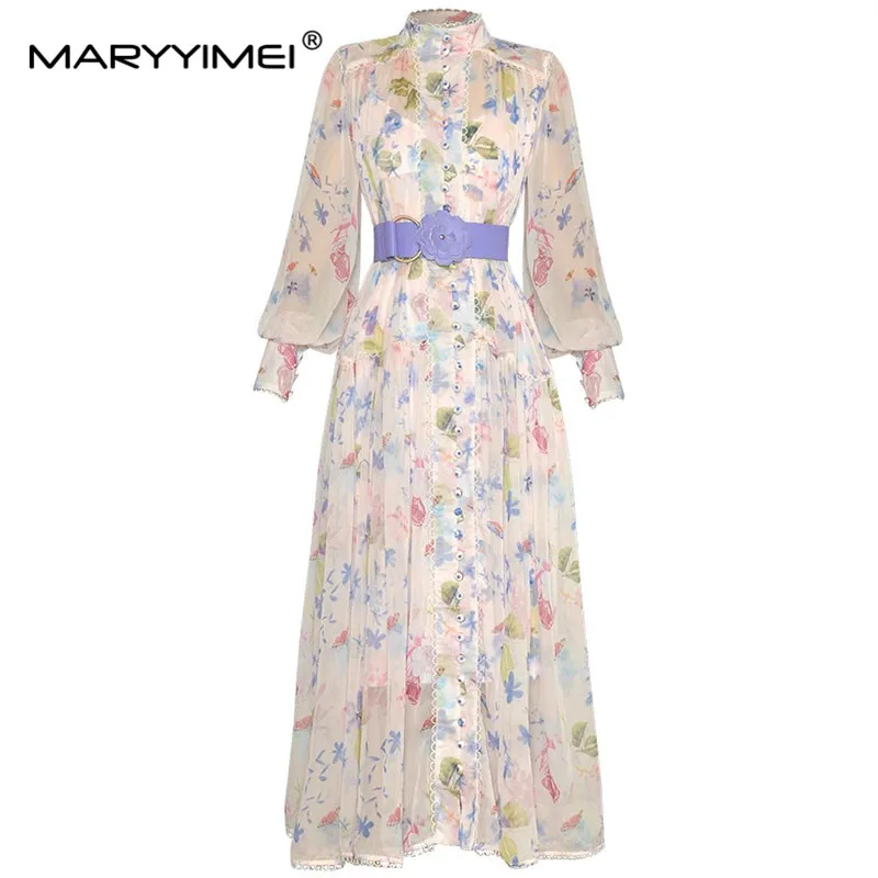 

MARYYIMEI Fashion Designers Spring Summer Woman's dress Stand up collar Lantern Sleeves Single breasted Belt Loose Print Dresses