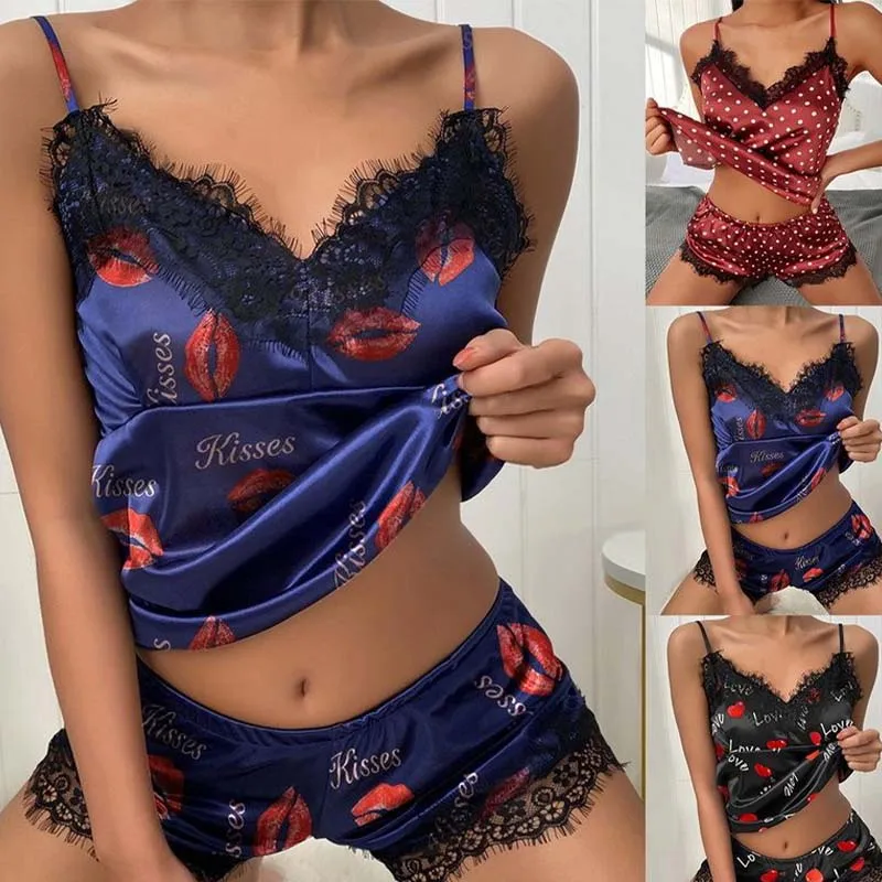 Two Pieces Women Fashion V-Neck Sleeveless Nighty Lace Sexy Nightdress Printed Lingerie Short Set Pajamas Sleepwear