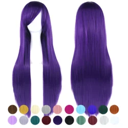 Pelucas de Cosplay de color morado oscuro, pelo sintético largo y liso de 80cm con flequillo, peluca para disfraz de Halloween para mujer