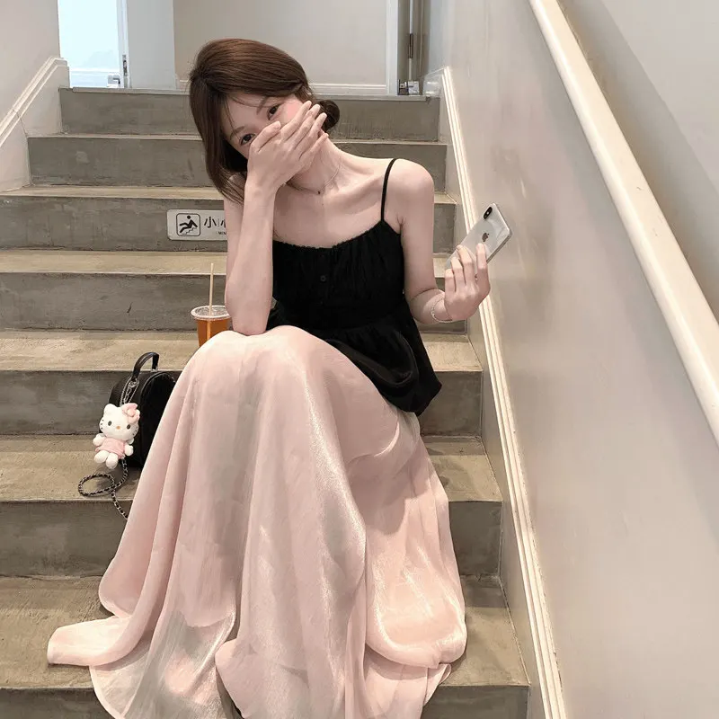 

Summer New Korean Version Pure Desire Flower Bud Camisole Vest Pink Half Body Long Skirt Elegant Women's Set