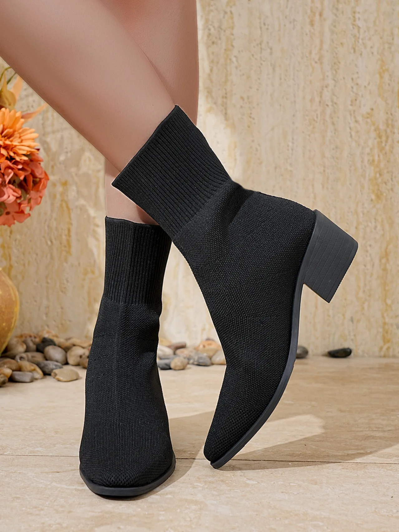 Sexy Spitzschuh, dicker Absatz, Sockenstiefel für Damen, 2025, Winter, bunt, elastisch, gestrickt, Designer-Stiefeletten, kurze Stiefeletten für Damen – Detail 4