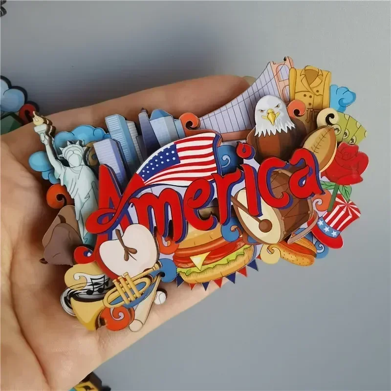 Wooden Refrigerator Magnet Travel Souvenir United States Barcelona Russia Canada Thailand Denmark Magnetic Fridge Sticker