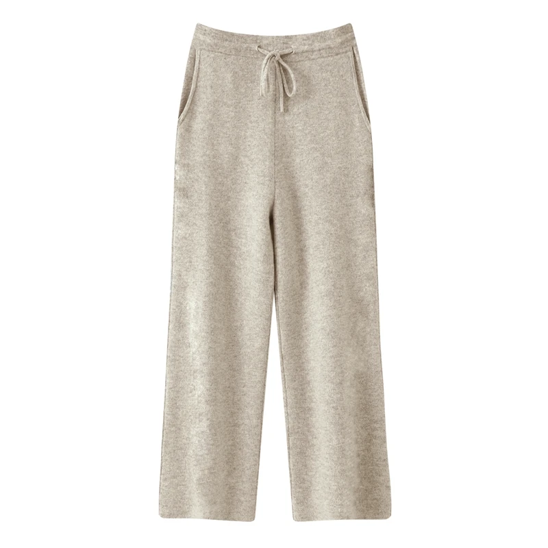 2025 Heren 100% merinowol dikke elastische taille wijde pijpen herfst winter gebreide broek warme comfortabele casual losse lange broek