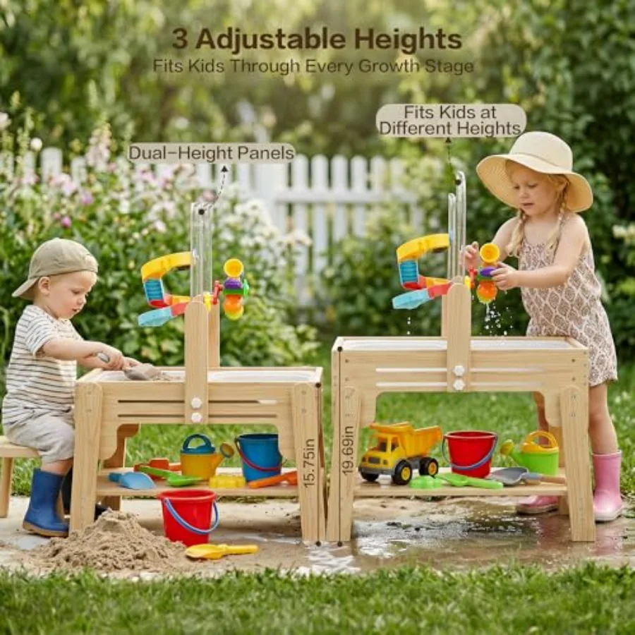 Water table for toddlers: adjustable-height wooden sand and water table in natural wood finish, featuring collapsible bins, acr