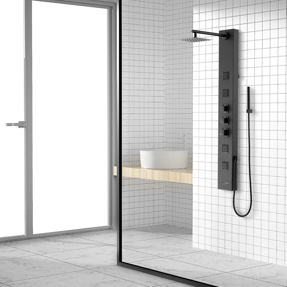 

Square Rainfall Shower Head Panel System with Thermostatic,Stainless Steel High Pressure Turbo Body Jets Waterfall Shower Tower