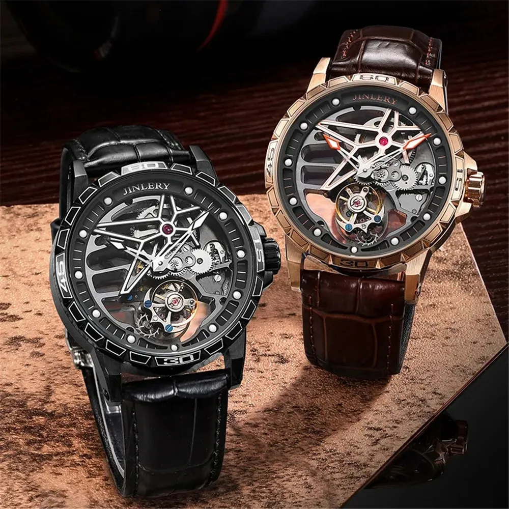 JINLERY Tourbillon reloj mecánico de cuerda a mano reloj de pulsera para hombre cristal de zafiro esqueleto para hombre relojes impermeables reloj Masculino