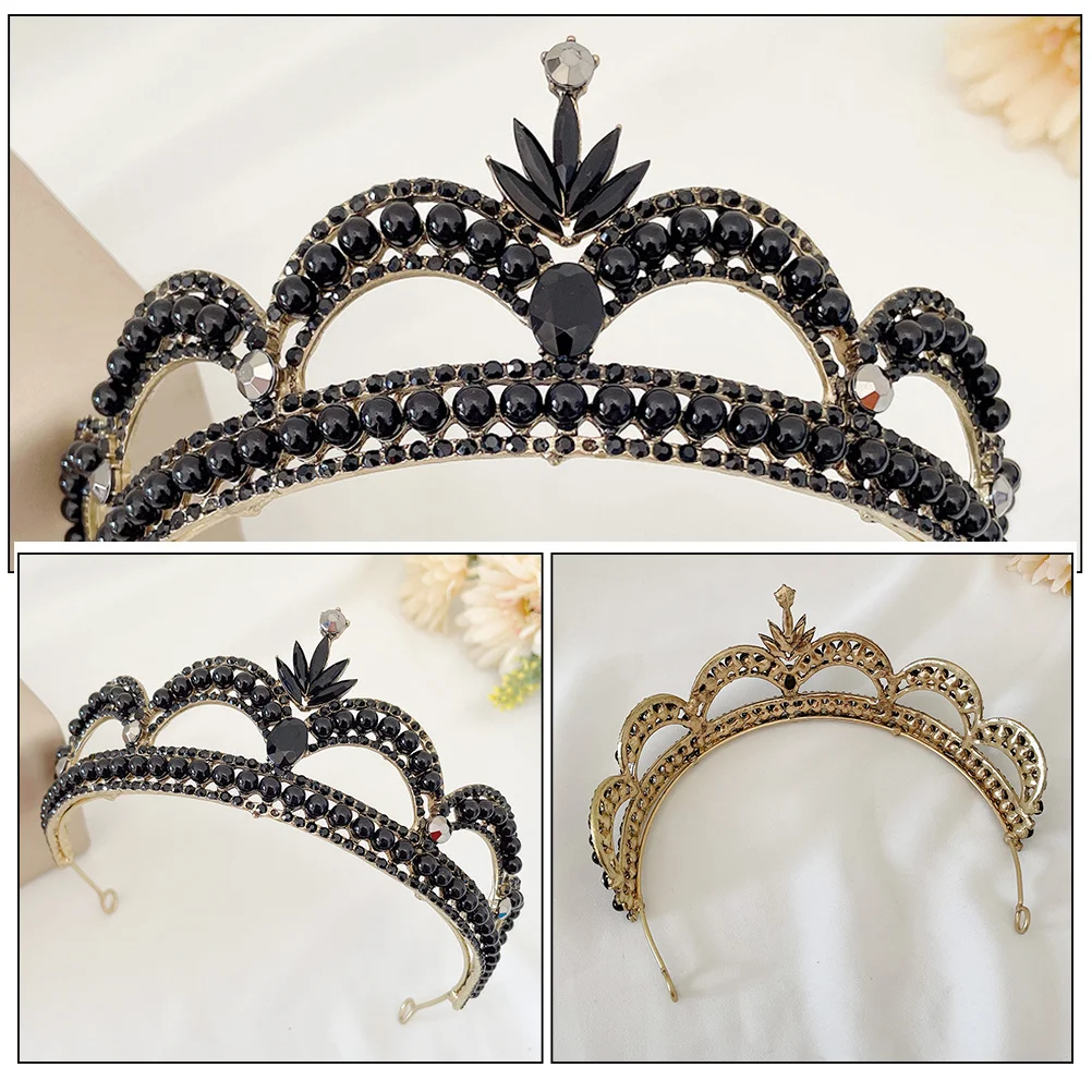 تاج أسود كبير للنساء من حجر الراين تاج الزفاف وغطاء الرأس ومجوهرات الشعر خفيفة الوزن ومتينة #1