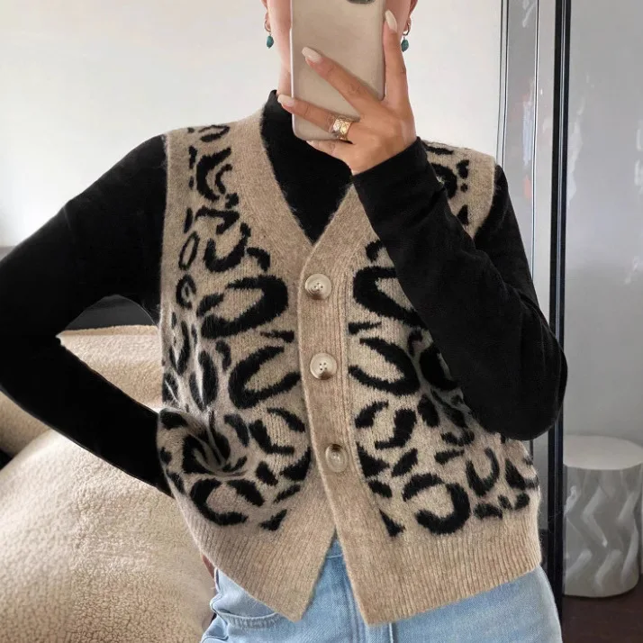 Women Knitted Cardigan Casual Jumpers Leopard Print Color Block V Neck Sleeveless Loose Slight Strech Open Stitch  2025 Autumn