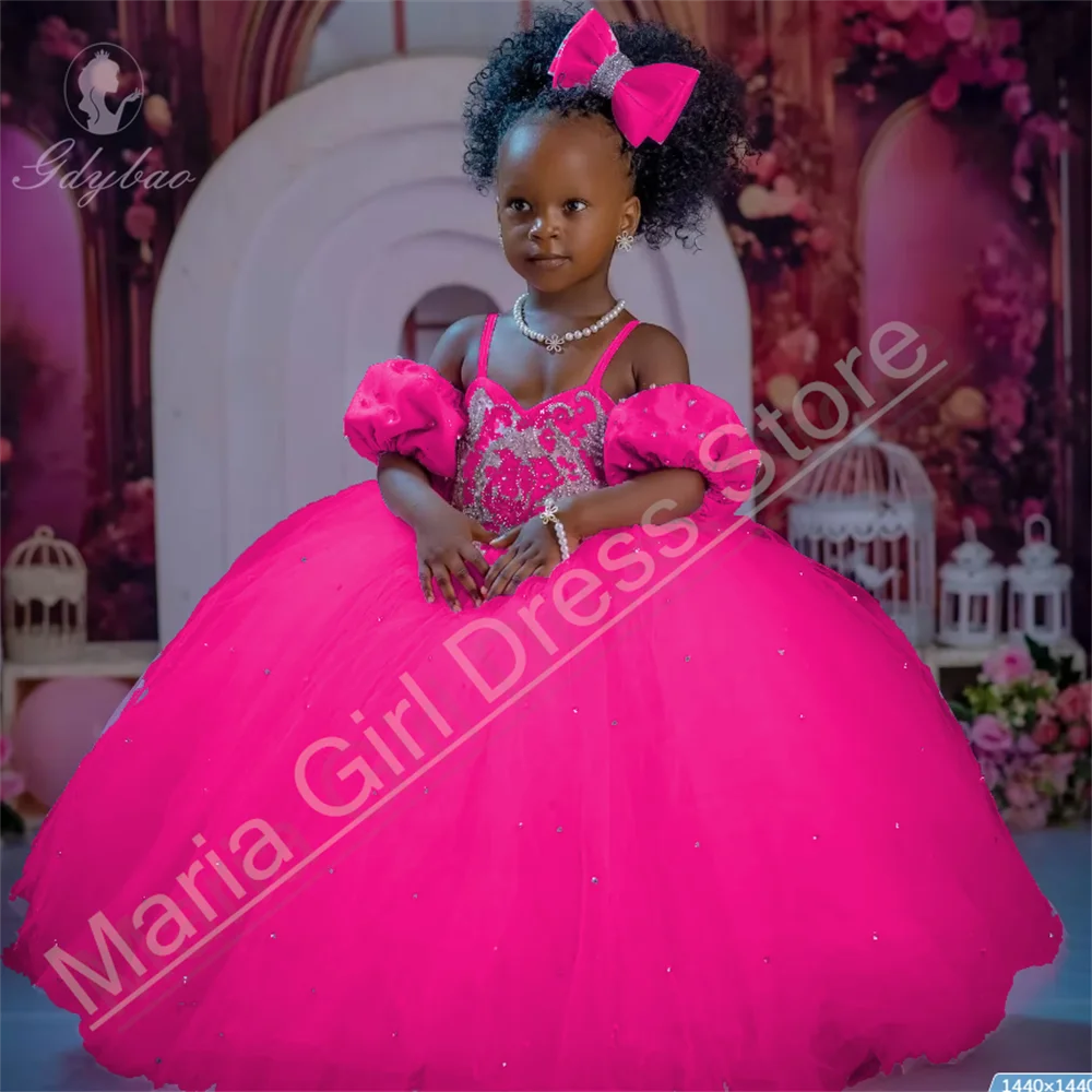 

Hot Pink Girl's Birthday Party Dresses Sweetheart Collar Thin Shoulder Straps Flower Girl Dress Luxury Kids Pageant Customize