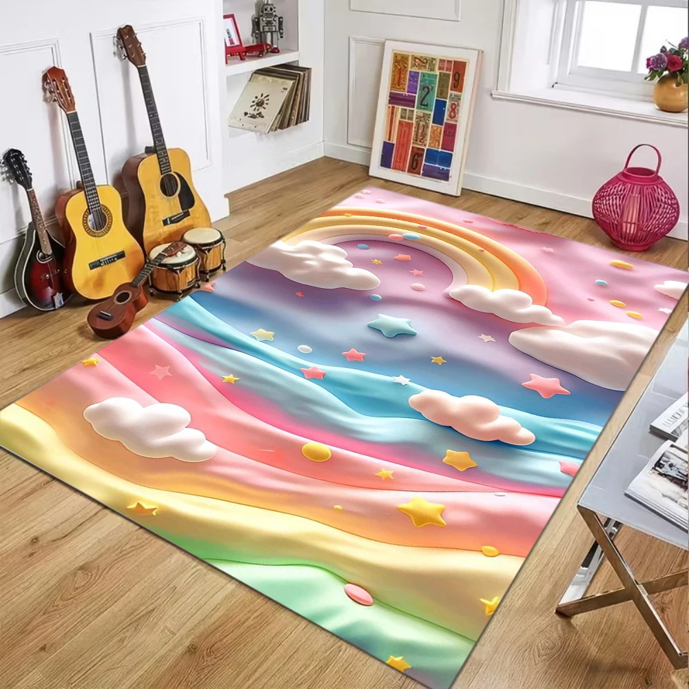 New Arrival Adorable Macaron-colored 3D Cartoon Carpet Fluffy Star Cloud Rainbow Rug for Kids Bedroom Living Room Home Decor