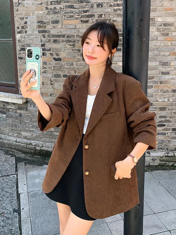 

Casual Vintage Corduroy Blazer Women Fall Winter Korean Retro Elegant Suit Coat Sweet Long Sleeve Single Breasted Coffee Jacket