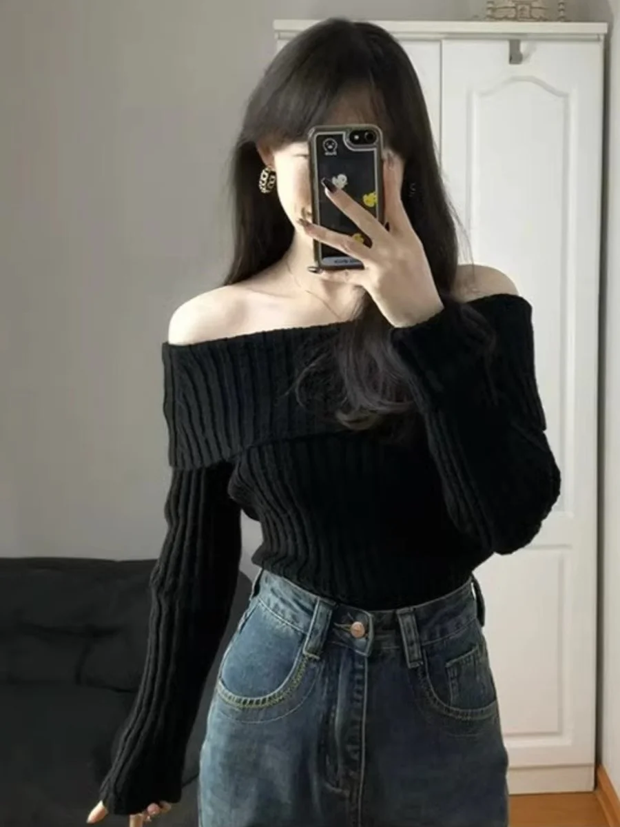 

oulder Bared One-oulder Sweater Women's Autumn Winter New Lazy Sle Design Unique Top Warmth Emitting Long Sve Slim Fit