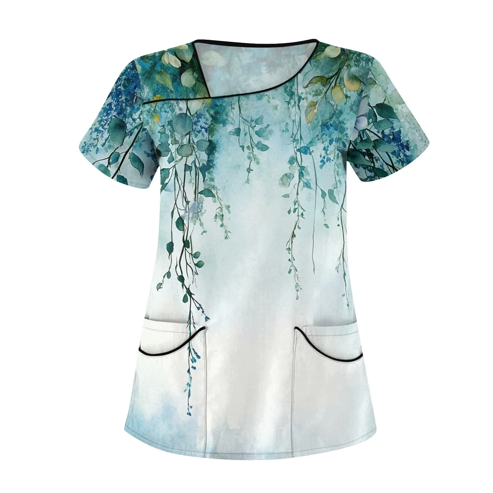 Women's Oversized Breathable Casual Floral Printed Short Sleeve Sloping Collar Workwear Top with Pockets Comfy Working Uniform