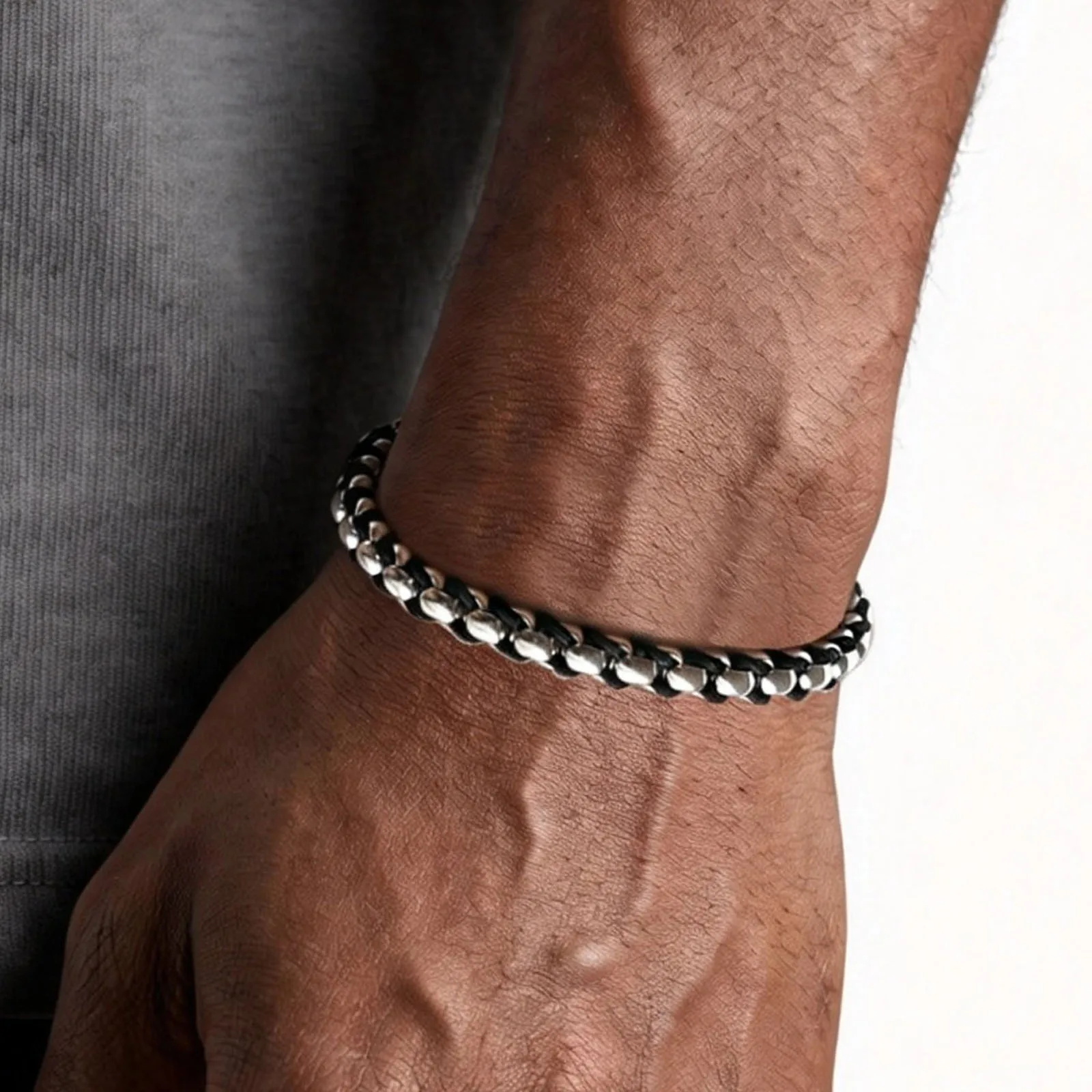 Schwarz-Silberfarbene Edelstahl-Kastenkette Armbänder, Einfaches Punk-Stil Verstellbares Kettenarmband, Neuer Männerschmuck – Detail 2