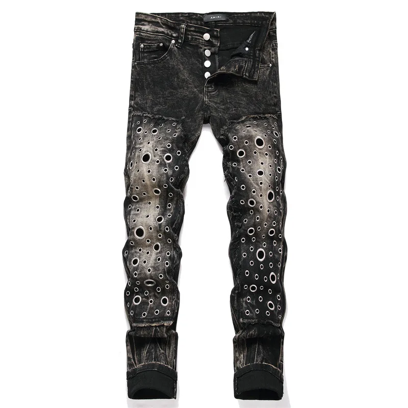 Men's Fashion Hip Hop Jeans Pants With Metal Decoration High Streetwear Denim Trousers Washed Straight Fit Cowboy Bottoms