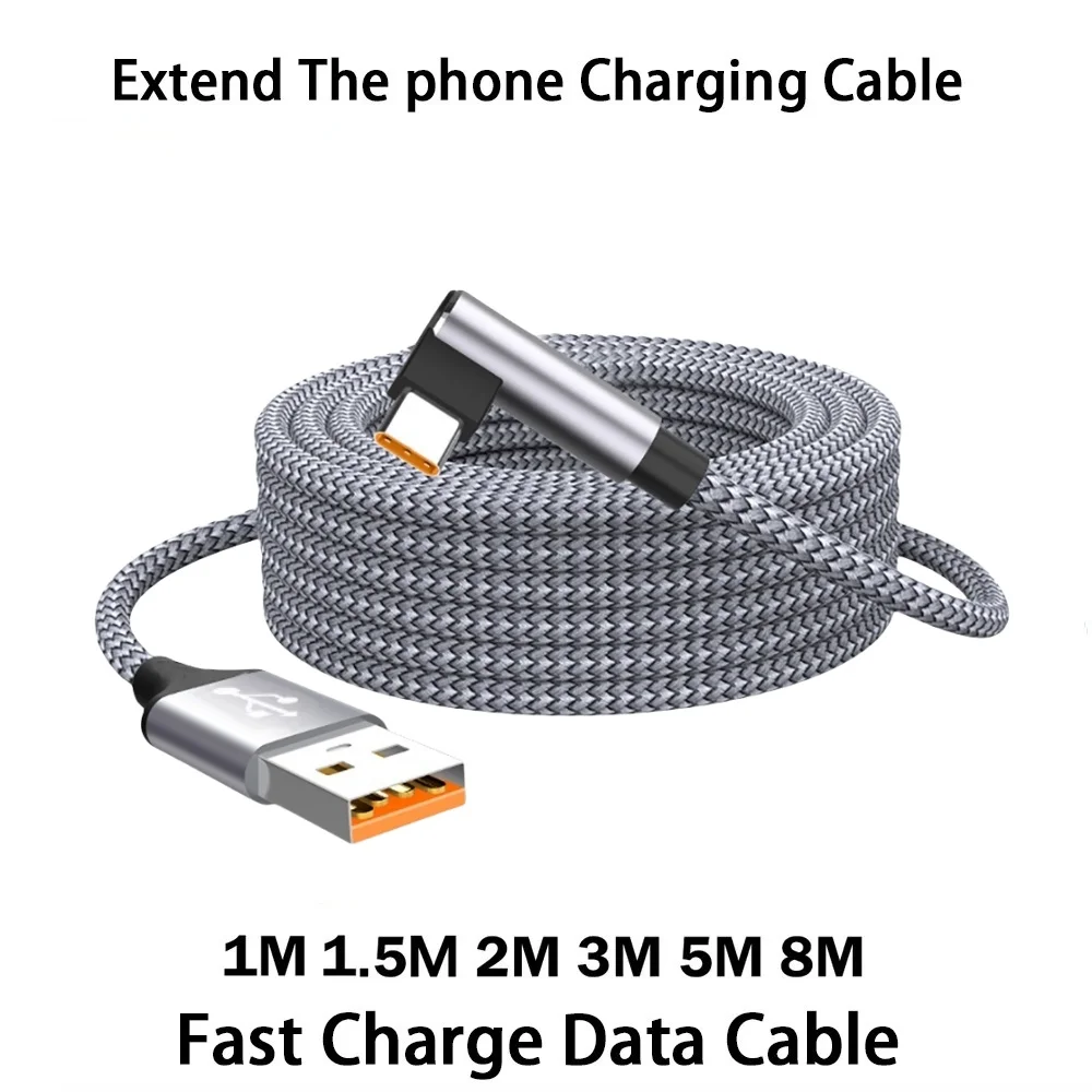 6A USB To Elbow Type C Fast Charge Cable 1m 2m 3m 5m 8m Extend Charging Data Cable for Samsung Huawei Xiaomi OnePlus VR Camera