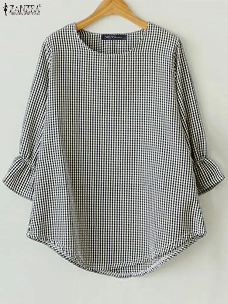 เสื้อแฟชั่นผู้หญิง ZANZEA ลายสก็อตระบายแขน 3/4 เสื้อลำลองสไตล์วินเทจ ปี 2025 ทรงหลวม ลายตาราง เหมาะสำหรับใส่ทำงาน