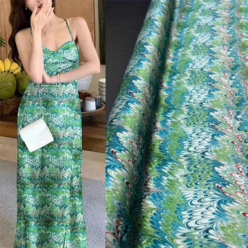 Fashionable Summer Hot Item Green Small Fresh Printed Elastic Satin Luxurious Handmade DIY Clothing Dress Mulberry Silk Fabric