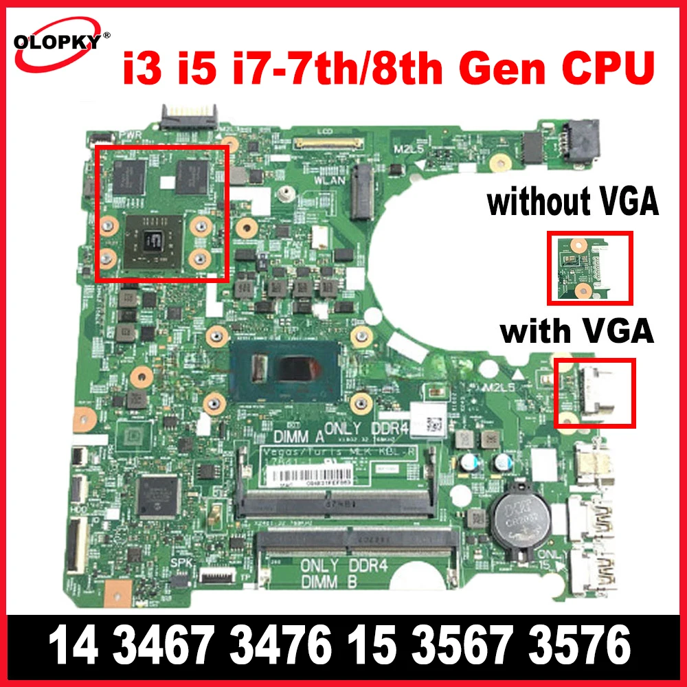 15341-1 17841-1 For Dell Inspiron 14 3467 3476 15 3567 3576 Laptop Motherboard with i3 i5 i7-7th/8th Gen CPU 2GB-GPU DDR3 Tested
