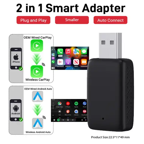 새로운 유선-무선 CarPlay 및 Android Auto 2in1 미니 어댑터 5GHz WiFi5는 원래 유선 carplay/자동 자동차의 99%에 적합합니다.