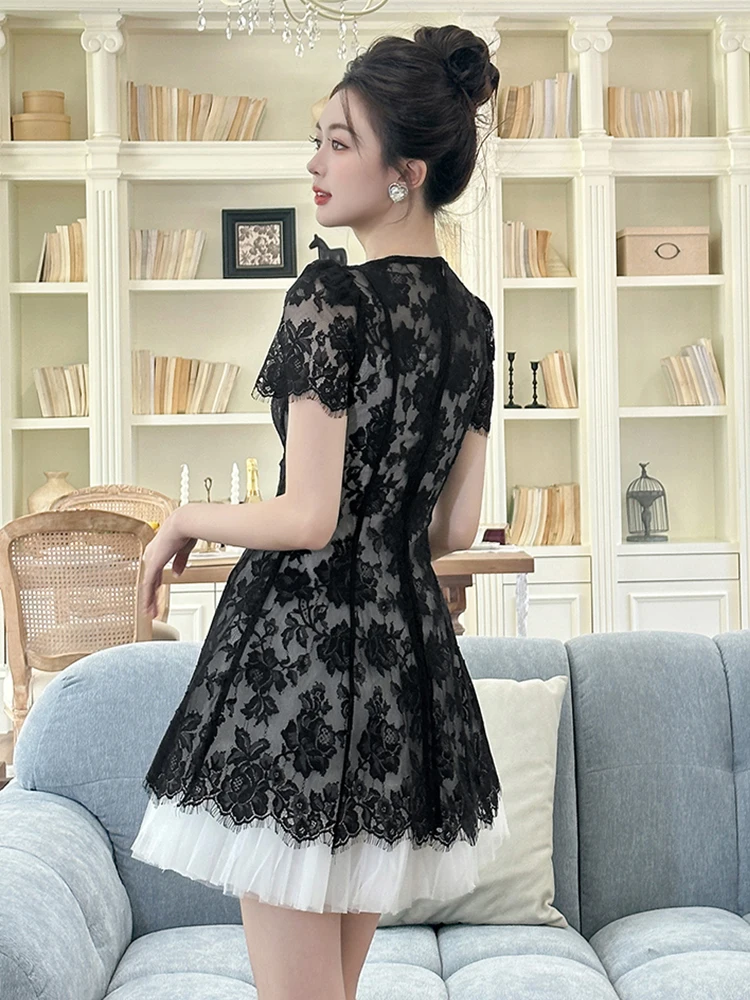 فستان نسائي صيفي جديد بأكمام قصيرة من الدانتيل باللون الأسود الوردي أنيق بفيونكة شفافة من التول لحفلات الكوكتيل بقصة ضيقة فستان رسمي للسيدات
