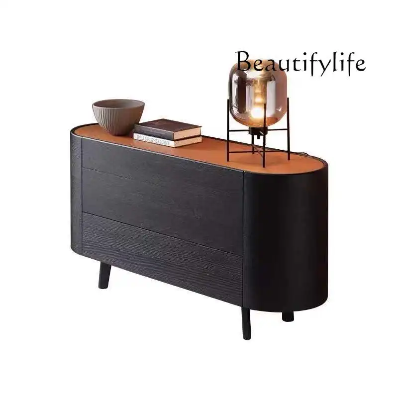 Light Luxury Smoked Black Solid Wood Arc Hallway Retro Style Bedroom Sideboard Cabinet Modern