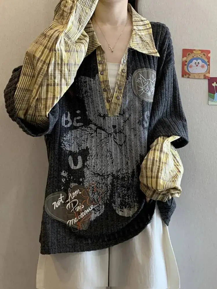 حجم كبير قمصان وهمية قطعتين طويلة الأكمام 2026 ربيع المرأة الحلو كول مطبوعة فضفاض الهيب هوب الخامس الرقبة القمصان