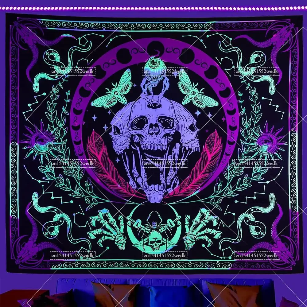 Hippie Skull Blacklight Tapestry UV Reactive Halloween Skeleton Tapestry Neon Glow In The Dark Wall Hanging Aesthetic Room Decor