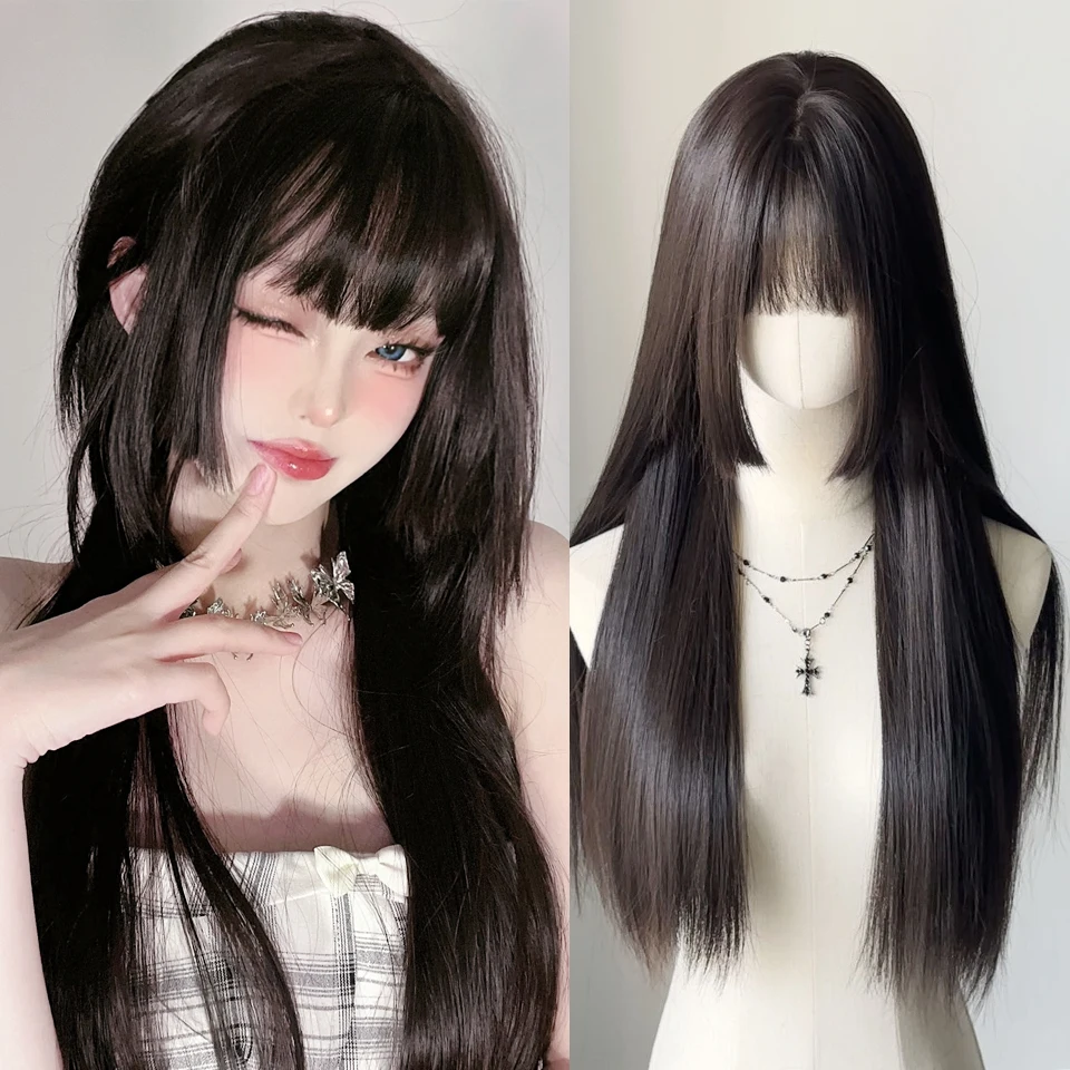 Brown Black Long Straight Synthetic Wig with Bangs Lolita Cosplay Hair Wigs For Women Natural Heat Resistant Daily Party Wig
