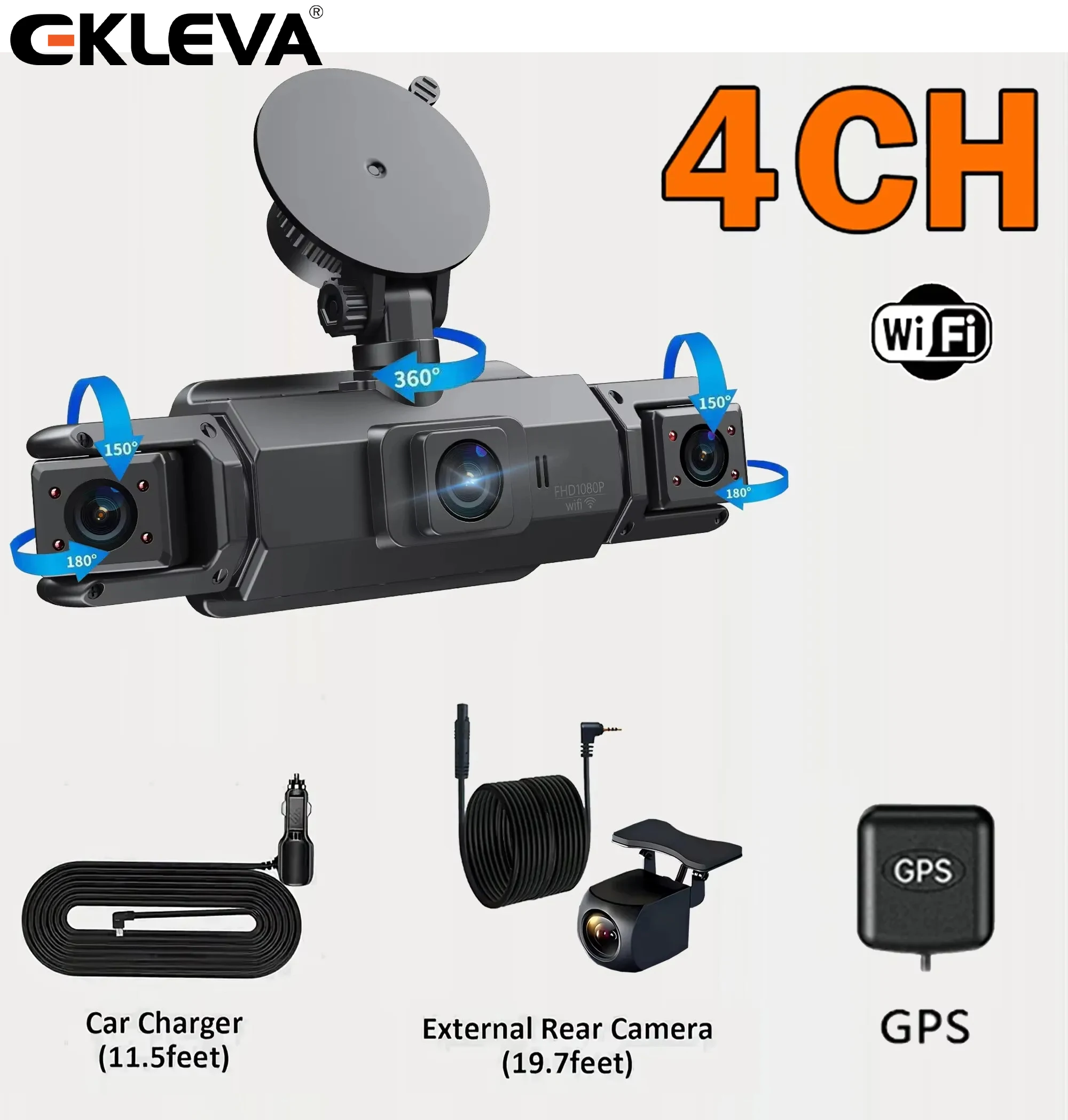 EKLEVA 4K 4CH Dash Cam Front Left Right Rear Cabin 360° Coverage Car DVR IR Night Vision WiFi 24H Parking Monitor Loop Recording